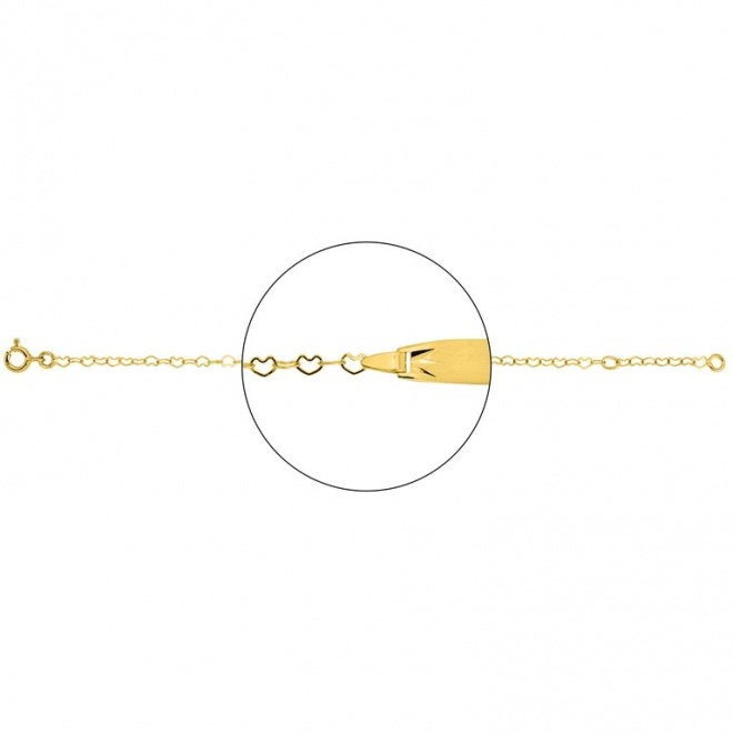 Pulsera infantil con placa con rayos tallados de oro amarillo de 18 Kt, cadena de corazones