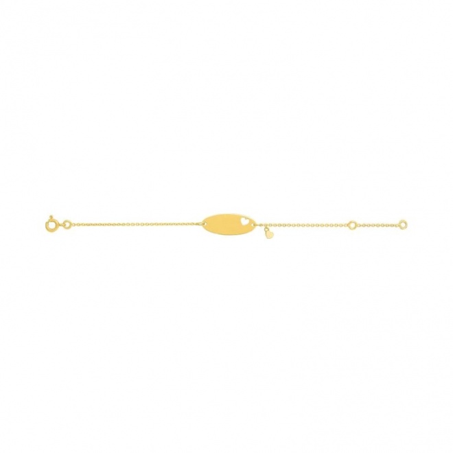 Pulsera infantil con placa ovalada de oro amarillo, corazón calado y colgante
