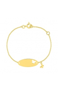 Pulsera infantil con placa ovalada de oro amarillo, mariposa calada y colgante