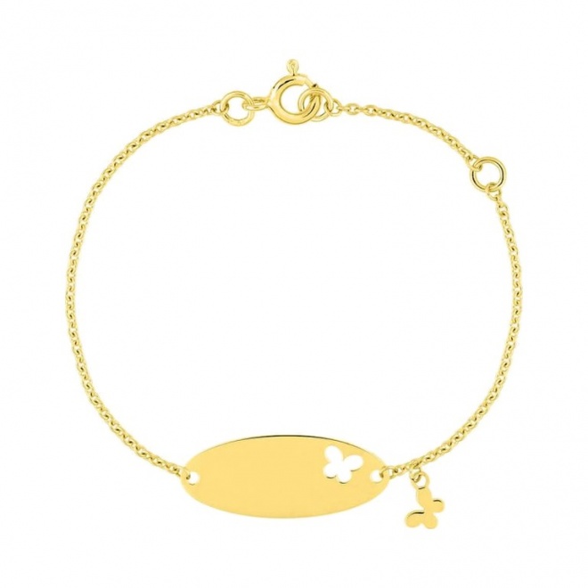 Pulsera infantil con placa ovalada de oro amarillo, mariposa calada y colgante