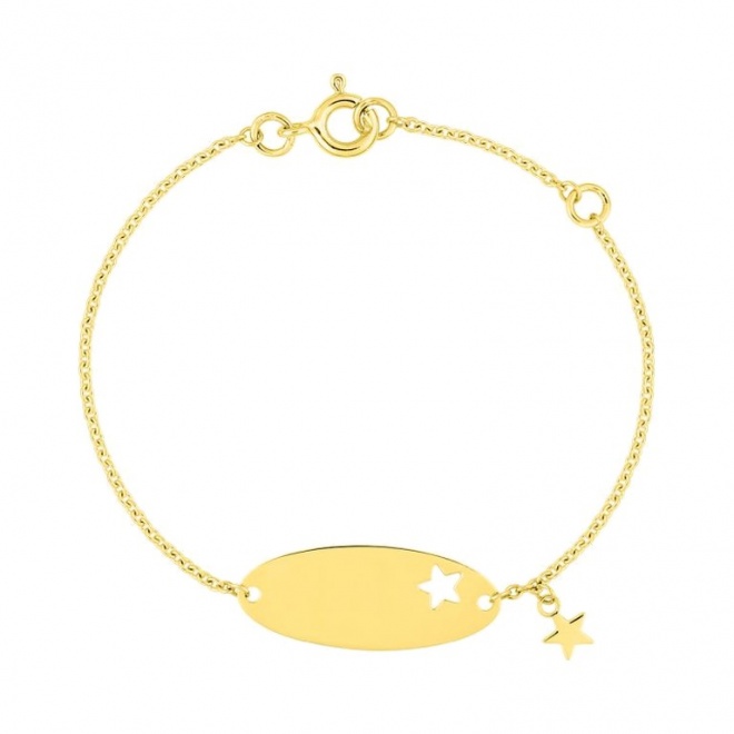 Pulsera infantil con placa ovalada de oro amarillo, estrella calada y colgante
