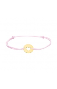 Pulsera infantil de oro amarillo y cordón rosa, corazón calado