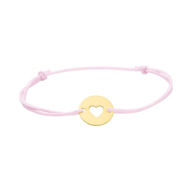 Pulsera infantil de oro amarillo y cordón rosa, corazón calado