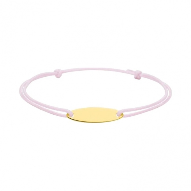 Pulsera infantil con placa ovalada de oro amarillo y cordón rosa