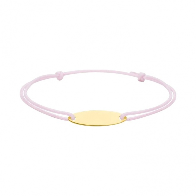 Pulsera infantil con placa ovalada de oro amarillo y cordón rosa