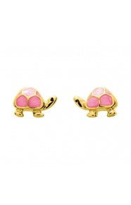 Pendientes de bebé de oro amarillo con esmalte, tortuguita rosa
