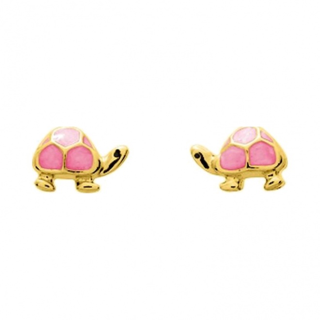 Pendientes de bebé de oro amarillo con esmalte, tortuguita rosa