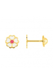 Pendientes de bebé de oro amarillo con esmalte, margarita