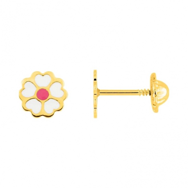 Pendientes de bebé de oro amarillo con esmalte, margarita