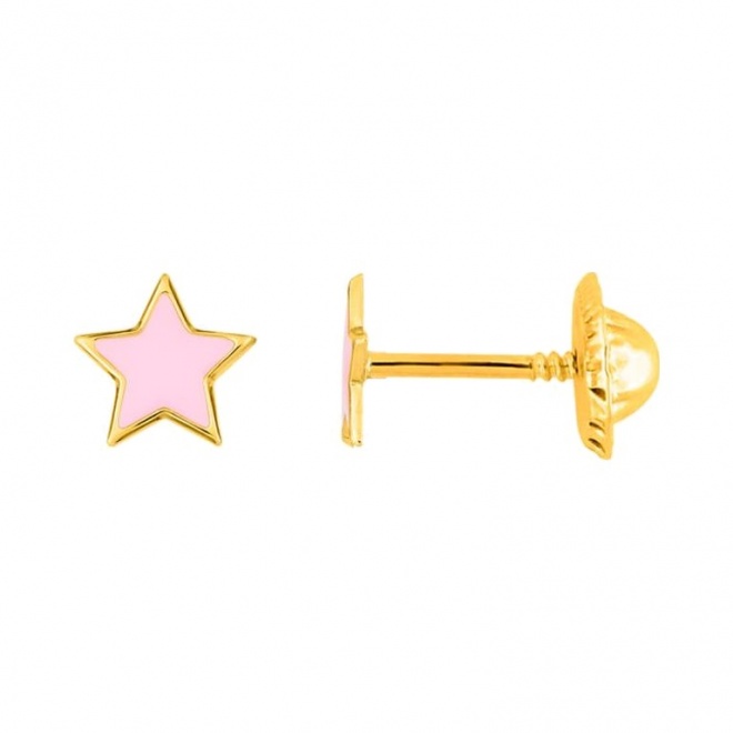 Pendientes de bebé de oro amarillo con esmalte, estrella rosa