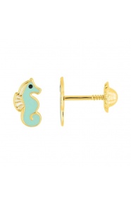 Pendientes de bebé de oro amarillo con esmalte, caballito de mar turquesa