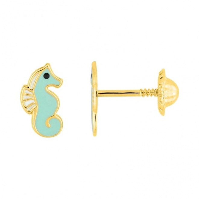 Pendientes de bebé de oro amarillo con esmalte, caballito de mar turquesa