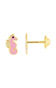 Pendientes de bebé de oro amarillo con esmalte, caballito de mar rosa