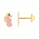 Pendientes de bebé de oro amarillo con esmalte, caballito de mar rosa