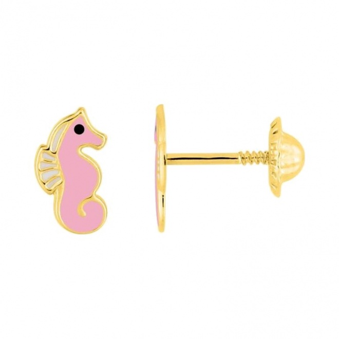 Pendientes de bebé de oro amarillo con esmalte, caballito de mar rosa