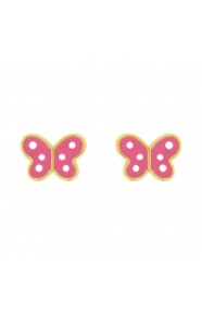 Pendientes de bebé de oro amarillo con esmalte, mariposa rosa con lunares, cierre de rosca