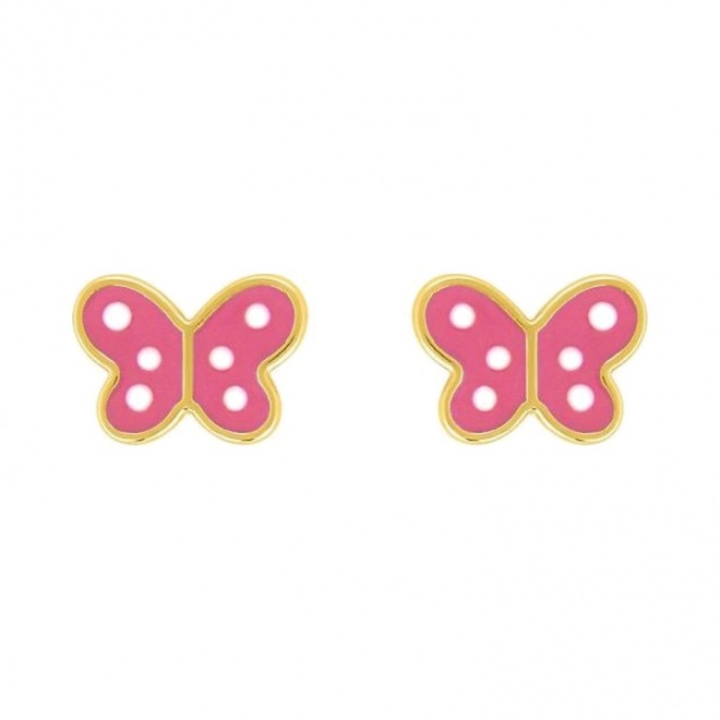 Pendientes de bebé de oro amarillo con esmalte, mariposa rosa con lunares, cierre de rosca