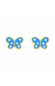 Pendientes de bebé de oro amarillo con esmalte, mariposa azul con lunares