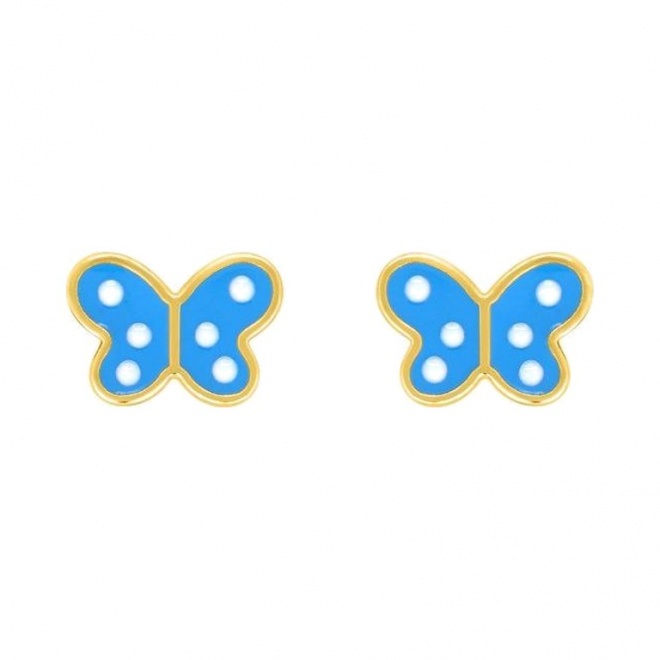 Pendientes de bebé de oro amarillo con esmalte, mariposa azul con lunares