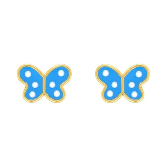 Pendientes de bebé de oro amarillo con esmalte, mariposa azul con lunares