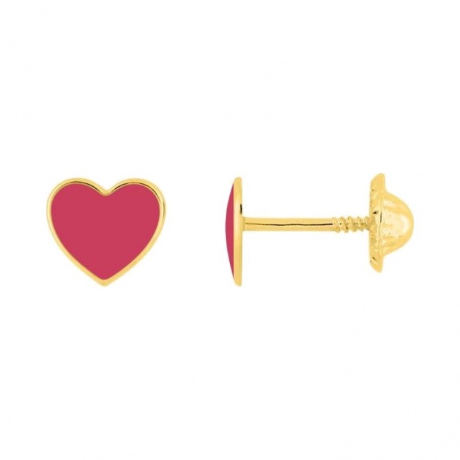 Pendientes de bebé de oro amarillo con esmalte, corazón rojo