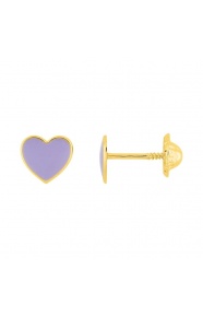 Pendientes de bebé de oro amarillo con esmalte, corazón lila