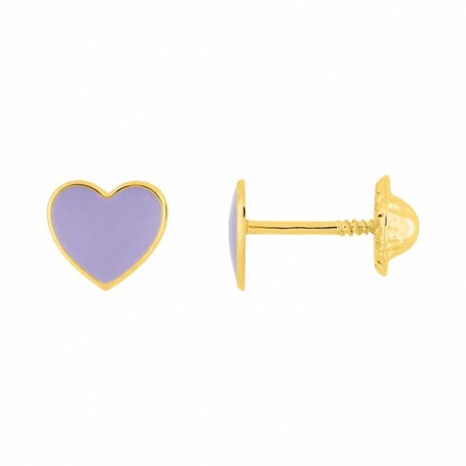 Pendientes de bebé de oro amarillo con esmalte, corazón lila