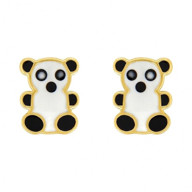 Pendientes de bebé de oro amarillo con esmalte, oso panda