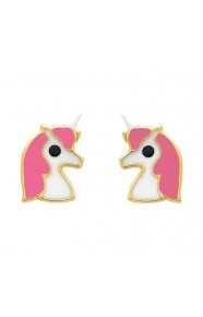Pendientes de bebé de oro amarillo con esmalte, unicornio fucsia