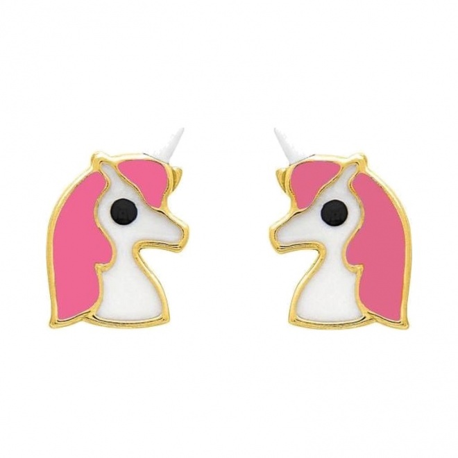 Pendientes de bebé de oro amarillo con esmalte, unicornio fucsia