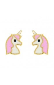 Pendientes de bebé de oro amarillo con esmalte, unicornio, cierre de rosca