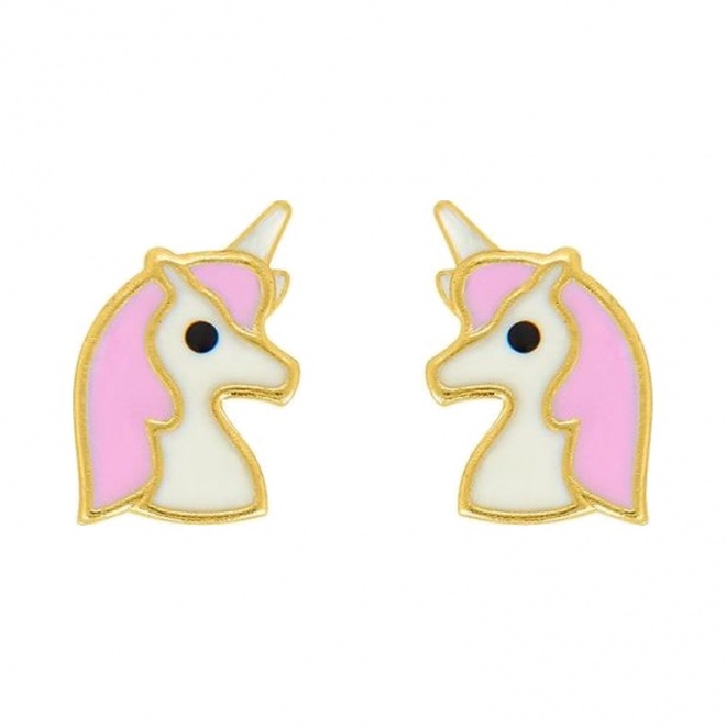 Pendientes de bebé de oro amarillo con esmalte, unicornio, cierre de rosca