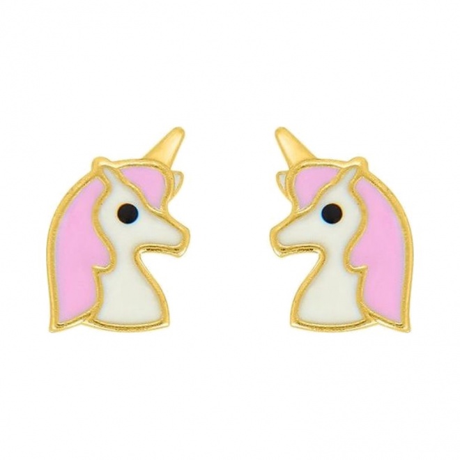 Pendientes de bebé de oro amarillo con esmalte, unicornio, cierre de rosca