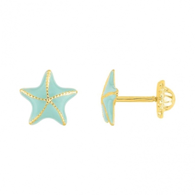 Pendientes de bebé de oro amarillo con esmalte, estrella de mar