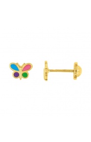 Pendientes de bebé de oro amarillo con esmalte, mariposa multicolor, cierre de rosca