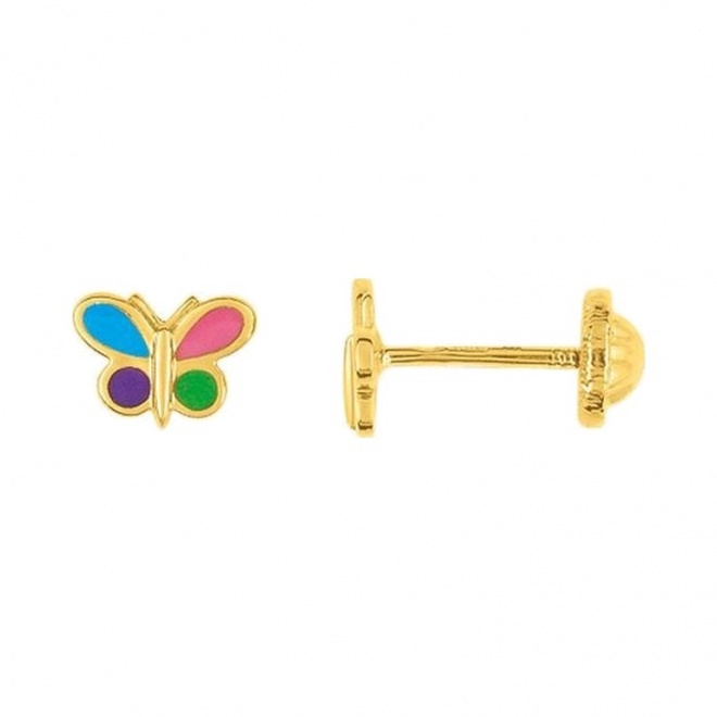 Pendientes de bebé de oro amarillo con esmalte, mariposa multicolor, cierre de rosca