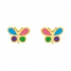 Pendientes de bebé de oro amarillo con esmalte, mariposa multicolor, cierre de rosca