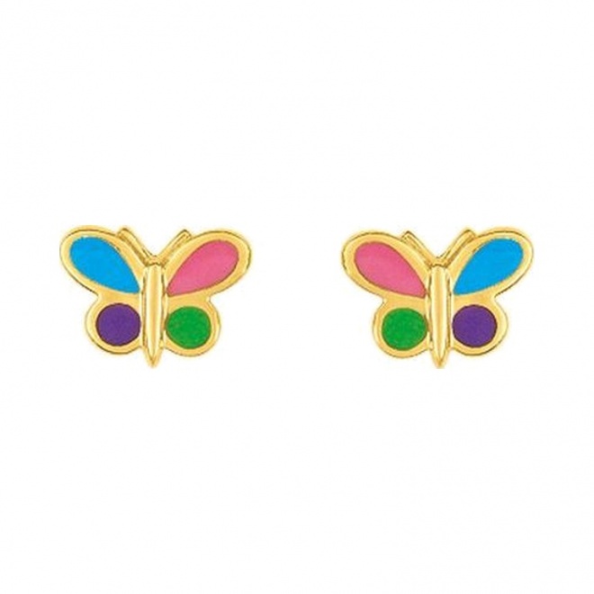 Pendientes de bebé de oro amarillo con esmalte, mariposa multicolor, cierre de rosca