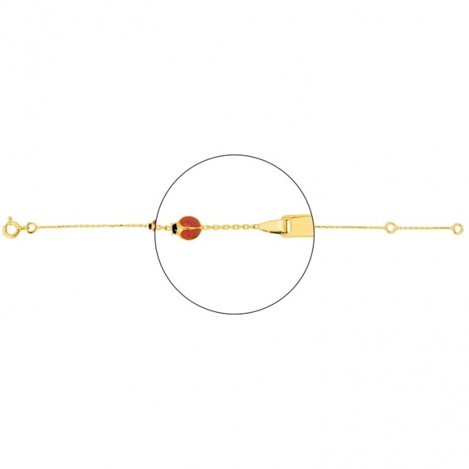 Pulsera infantil con placa de oro amarillo de 18 Kt con esmalte, mariquita
