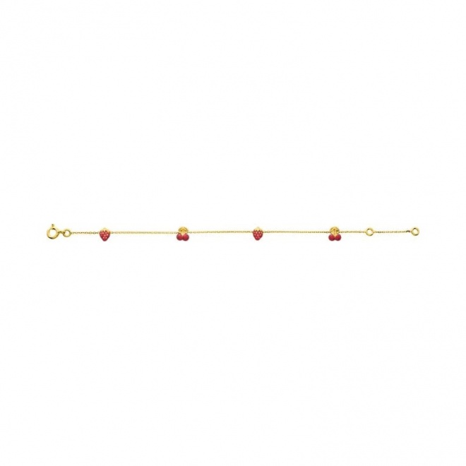 Pulsera infantil de oro amarillo de 18 Kt con esmalte, cereza y fresa