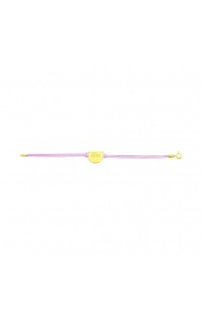 Pulsera infantil de oro amarillo de 18 Kt y cordón malva, chapa redonda para grabar