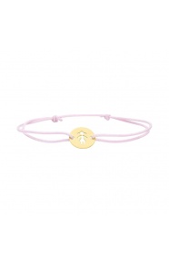 Pulsera infantil de oro amarillo de 18 Kt y cordón rosa, silueta de niña calada