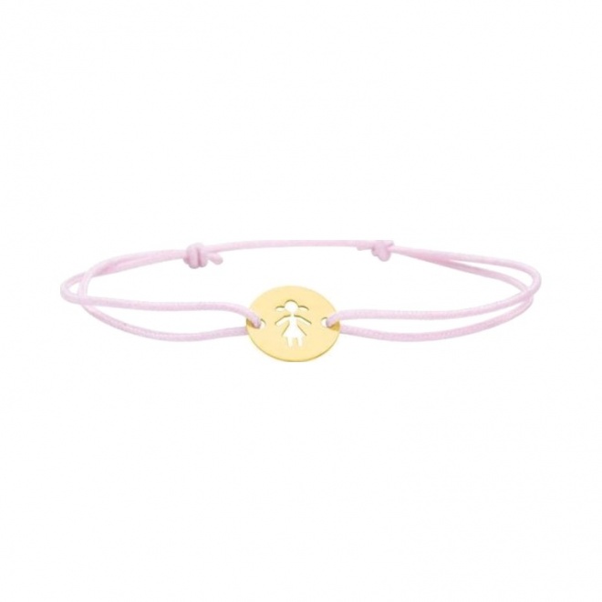 Pulsera infantil de oro amarillo de 18 Kt y cordón rosa, silueta de niña calada