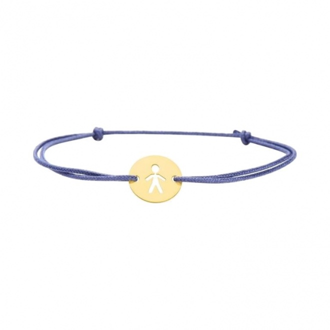 Pulsera infantil de oro amarillo de 18 Kt y cordón azul, silueta de niño calada