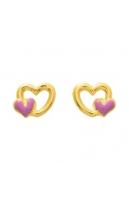 Pendientes de bebé de oro amarillo de 18 Kt con esmalte, doble corazón, cierre de rosca