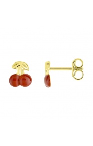 Pendientes de bebé de oro amarillo de 18 Kt con esmalte, cereza, cierre de presión