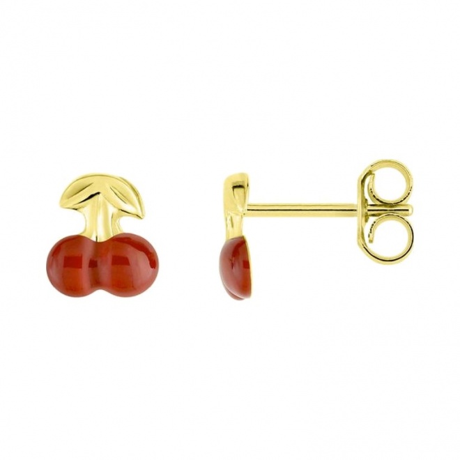 Pendientes de bebé de oro amarillo de 18 Kt con esmalte, cereza, cierre de presión