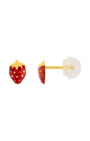 Pendientes de bebé de oro amarillo de 18 Kt con esmalte, fresa, cierre de presión