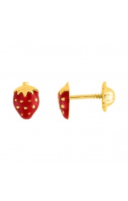 Pendientes de bebé de oro amarillo de 18 Kt con esmalte, fresa, cierre de rosca