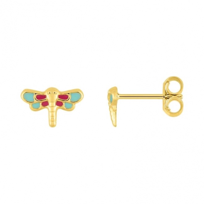 Pendientes de bebé de oro amarillo de 18 Kt con esmalte, libélula, cierre de presión